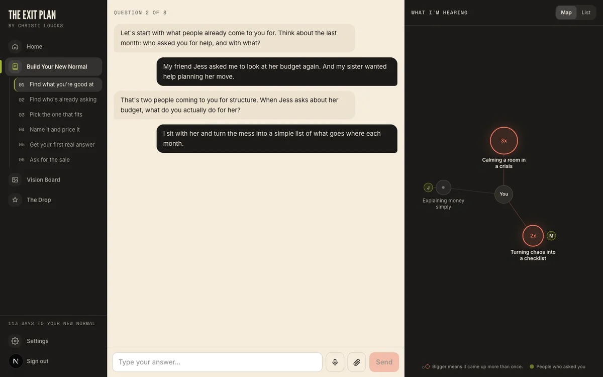 A chat in the app on the left and a map of skills on the right, with the skills that came up most drawn bigger